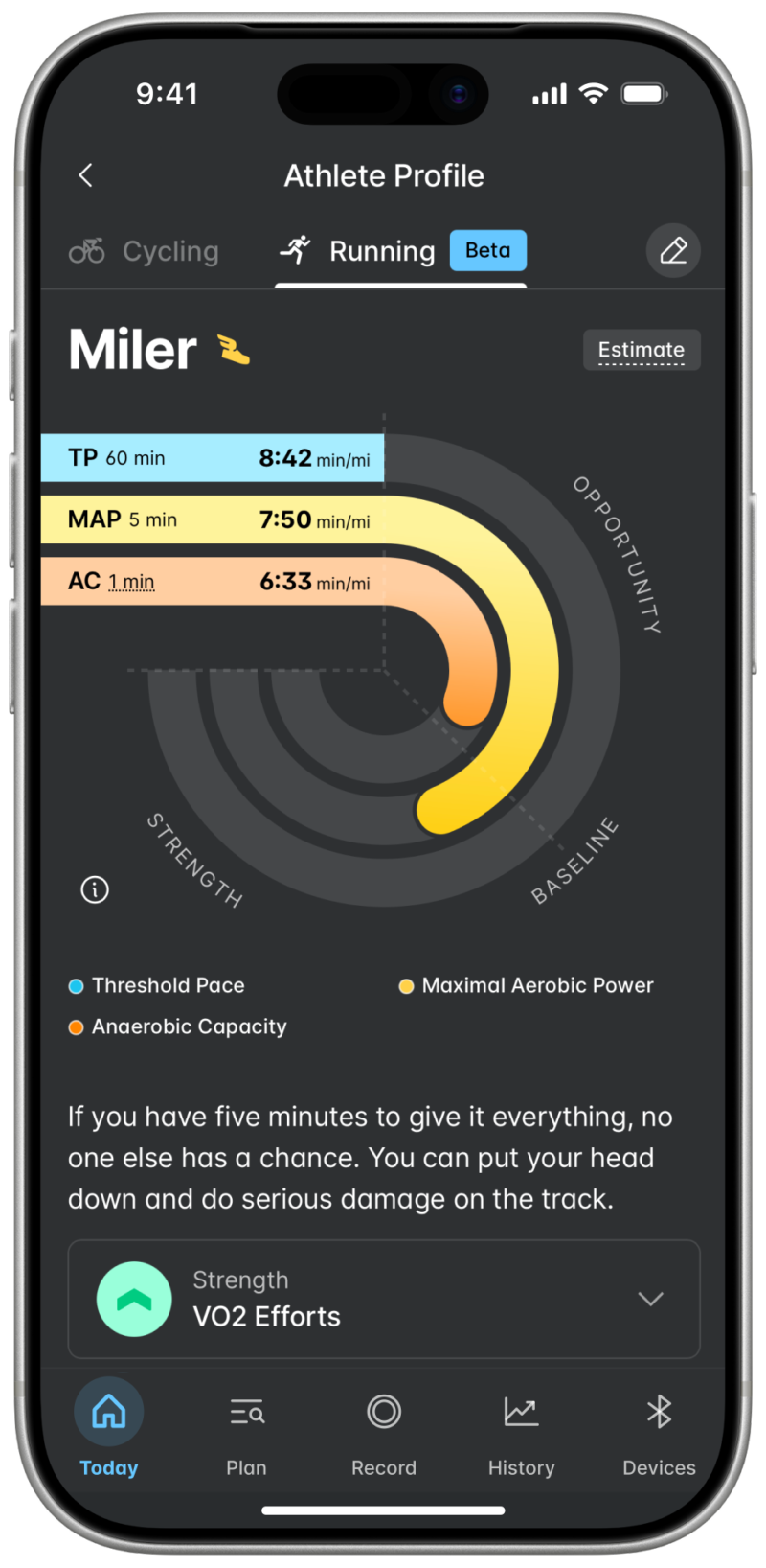 Wahoo App 3DP Three-Dimensional Pace profile showing Threshold Pace, Maximal Aerobic Pace and Anaerobic Capacity