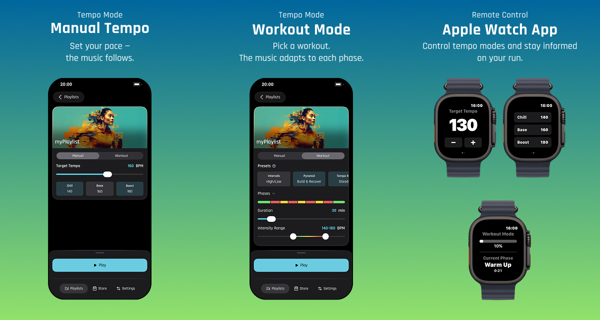 Beatrunner Pro Manual Tempo controls on iPhone showing tempo slider, plus and minus buttons and personalised preset targets.