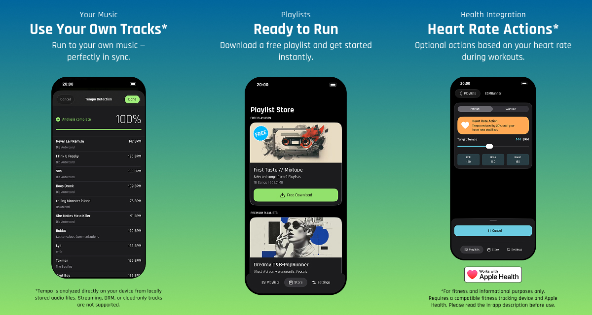 Beatrunner Pro Workout Mode setup on iPhone showing workout type selection (Interval, Pyramid, Tempo Run, Progressive, Fartlek) and minimum-maximum cadence range.