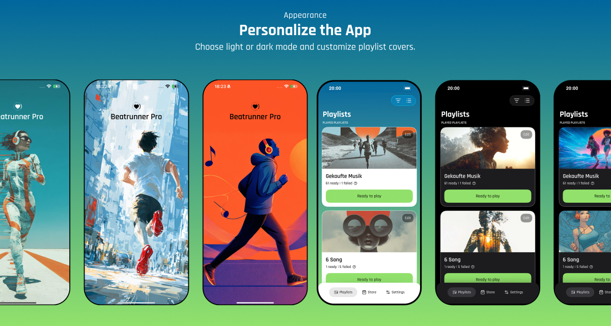 Beatrunner Pro Apple Watch integration showing wrist-based tempo controls and Heart Rate Actions triggered on Zone 4 and Zone 5.