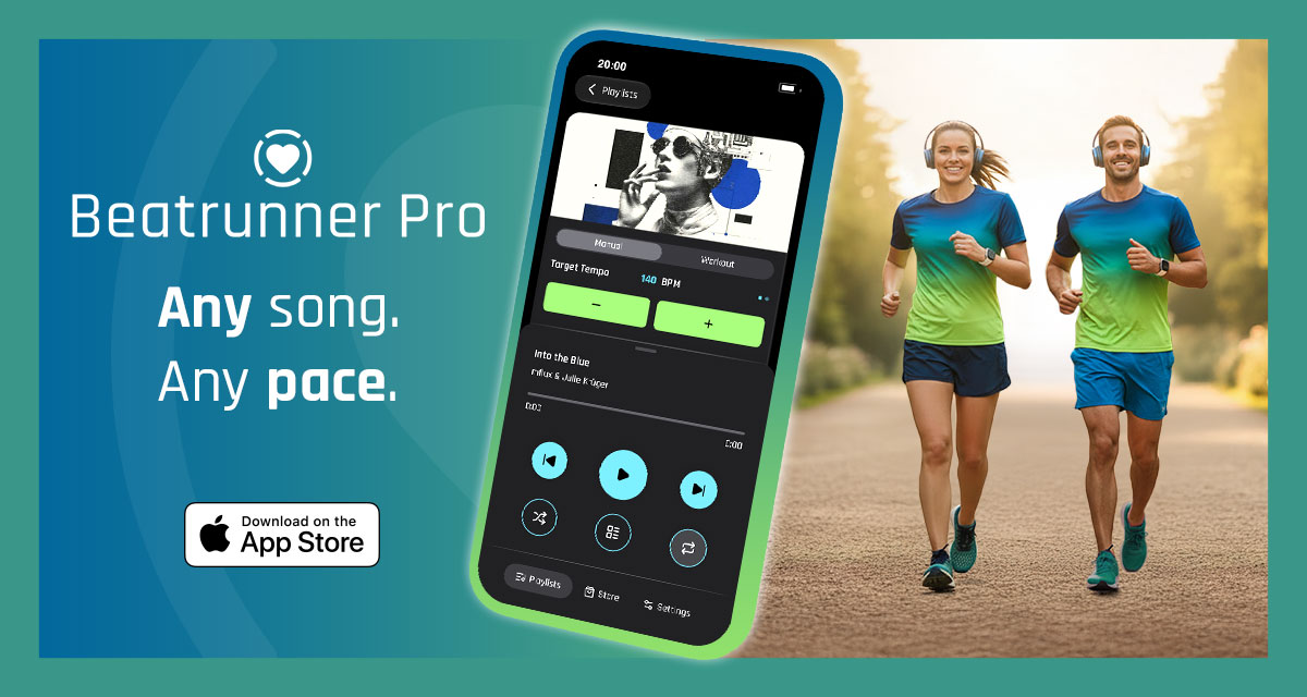 Beatrunner Pro brand image showing the app's pace-synced running music concept for iPhone and Apple Watch.