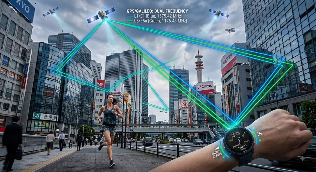 GPS multipath errors: satellite signals bouncing off city buildings before reaching a runner's watch