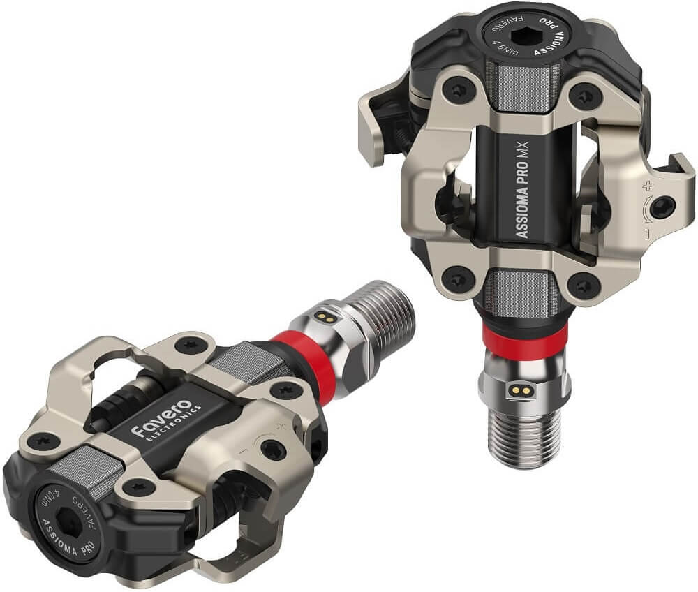 Two silver, black and red Favero Assioma PRO MX-2 MTB Power Meter Pedals with one standing up and one laying down against a white background.