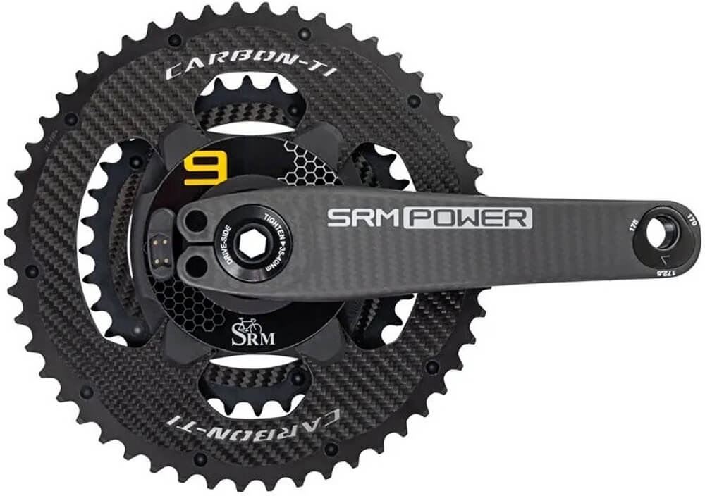 A SRM PM9 carbon crankset with Carbon-Ti chainrings against a white background.